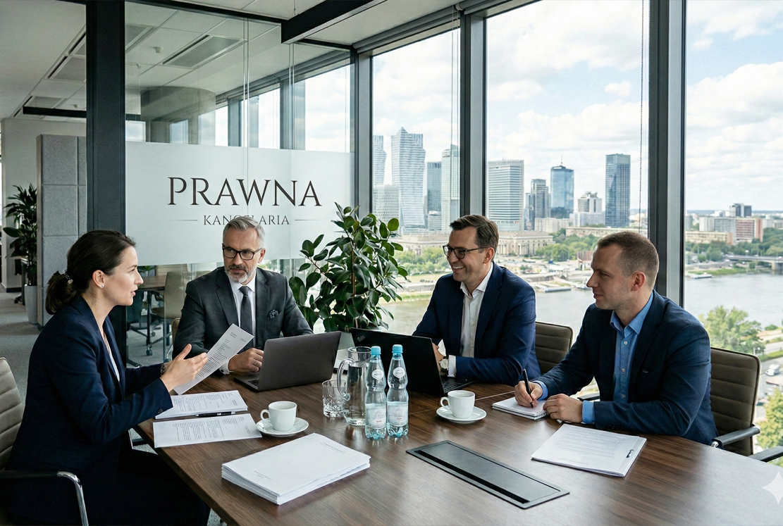 Zespół prawników w sali konferencyjnej z widokiem na miasto